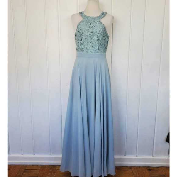 Lulu's Sz S Picture Perfect Light Blue Lace Chiffon Halter Flowy Formal Dress - Picture 1 of 16